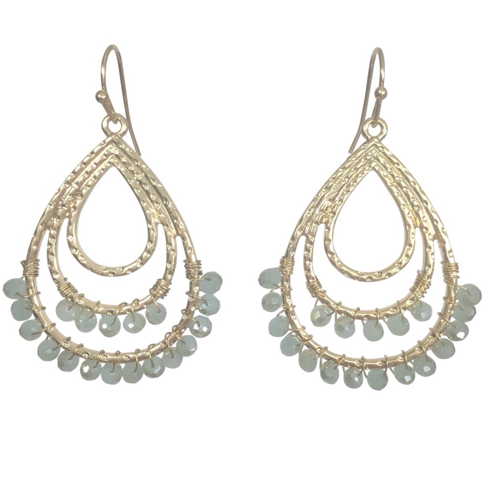 Mint Green Glass Bead Wrapped Triple Teardrop Gold Tone Dangle Earrings